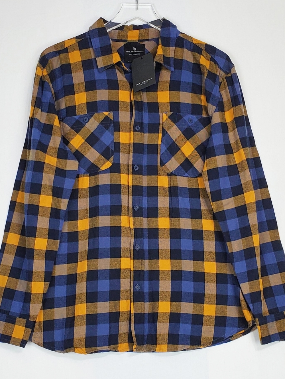 NWT Junk Food large Morris plaid flannel button shirt navy grandpa western rodeo